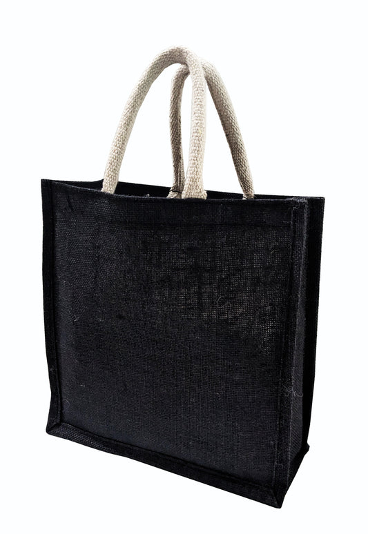 Pack of 6 Black Buralp Jute Tote Bag for Wedding Gift, Anniversary, Engagement