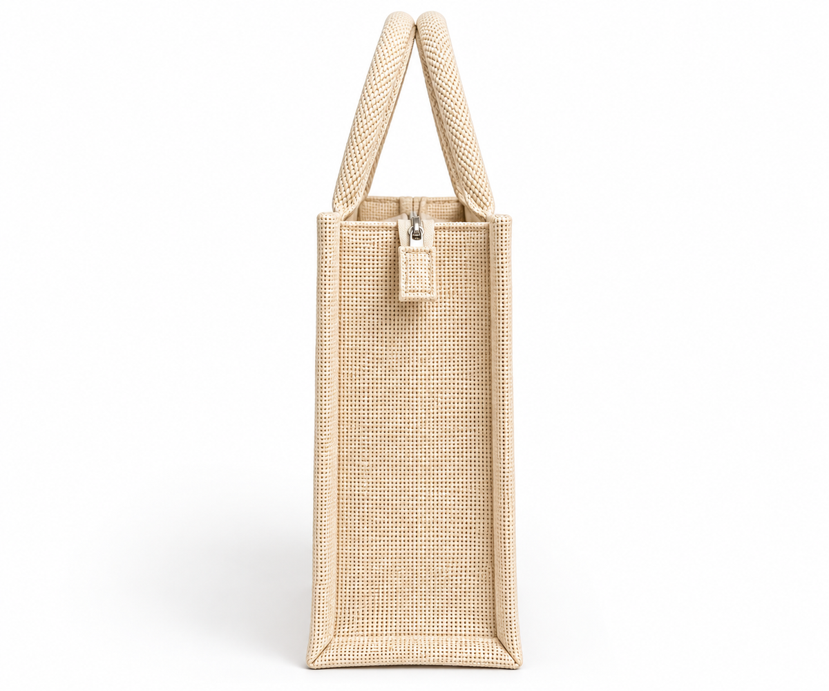 Shop premium white jute gift bags with transparent windows, floral lace and zipper closure. Ideal for wedding return gifts, hampers and festive gifting.