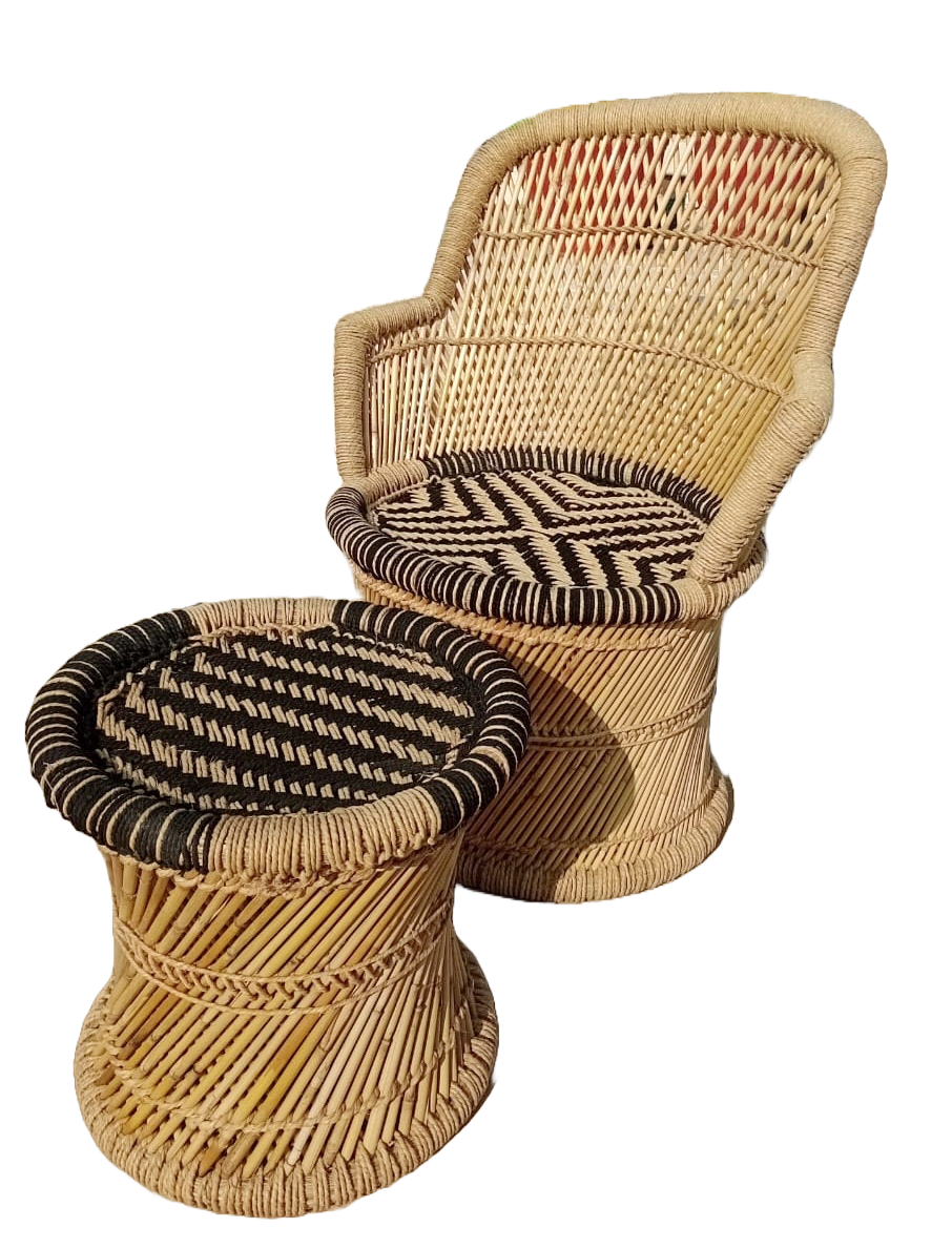 Handmakers Natural Black & Beige Mudda Chair Set 1 Chair + Stool | Eco Furniture