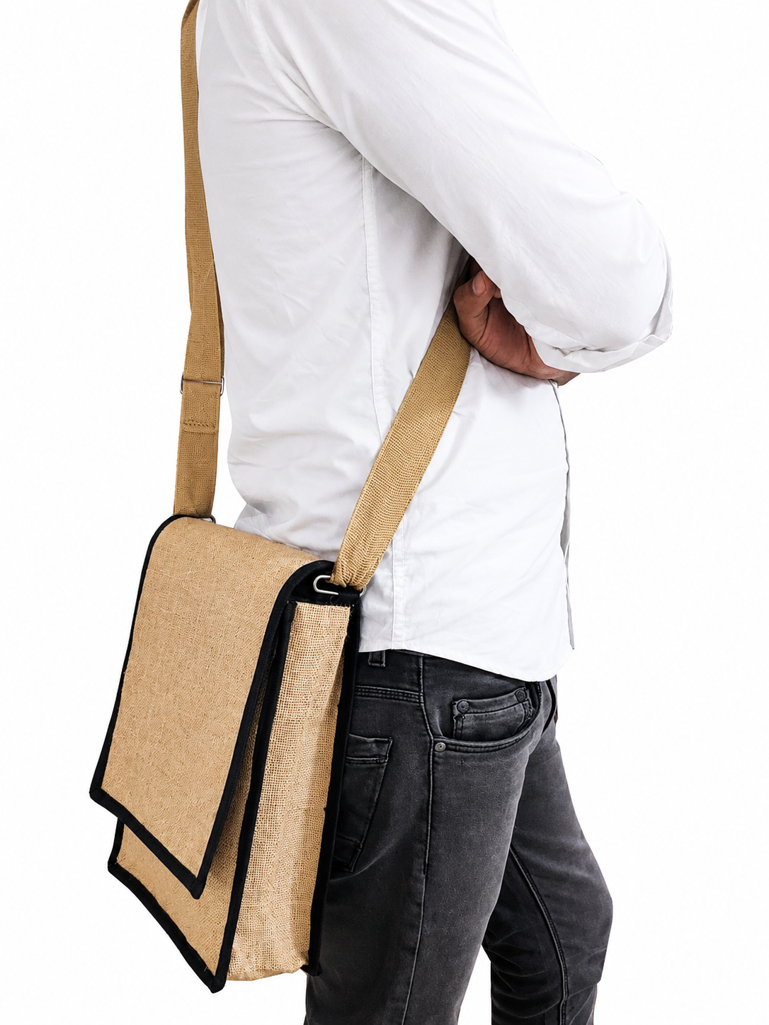 Handmakers Natural Jute Office Side Bag for Men – Eco-Friendly Sling Bag with Adjustable Strap & Wooden Button Closure