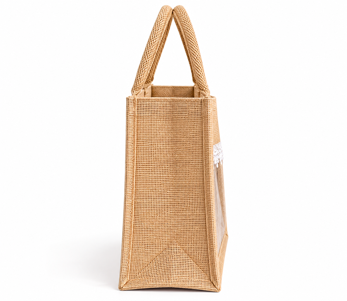 Natural Jute Gift Bag with Transparent Window & White Lace | Eco-Friendly Wedding Return Gift & Hamper Bag