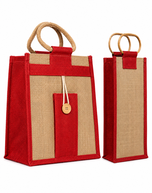 Natural pure Jute Handbags and bottle bags With Red Color