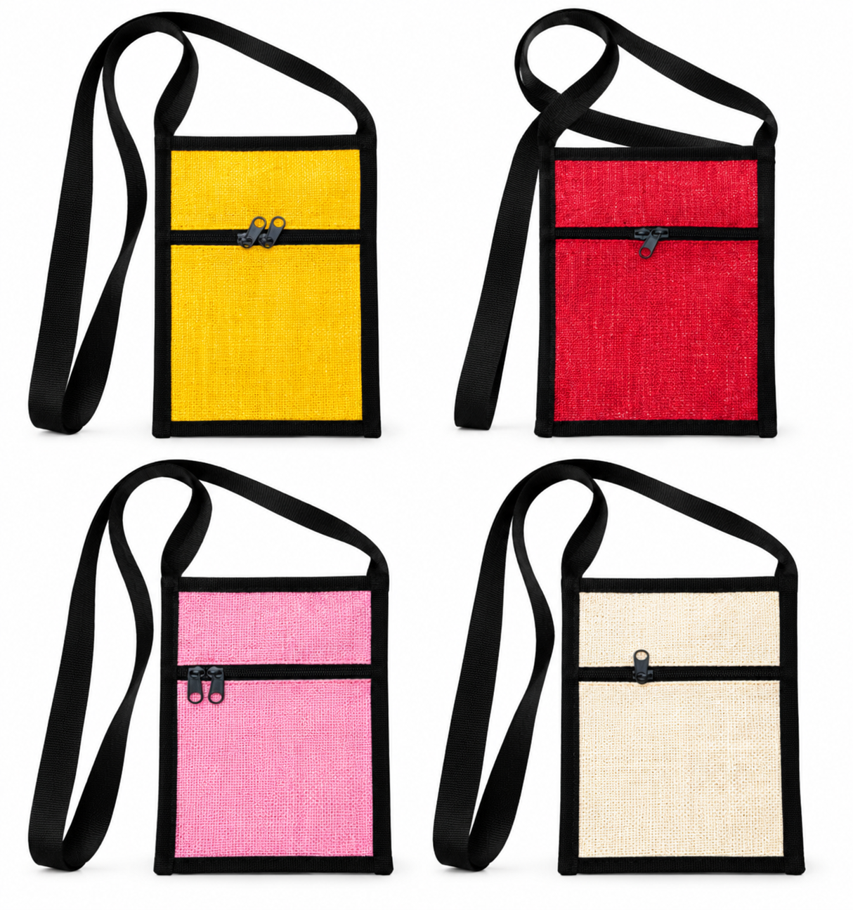 Jute Crossbody Sling Bag for Women & Men, Lightweight Zipper Pocket Shoulder Bag, 7 x 9 Inch pack of 4