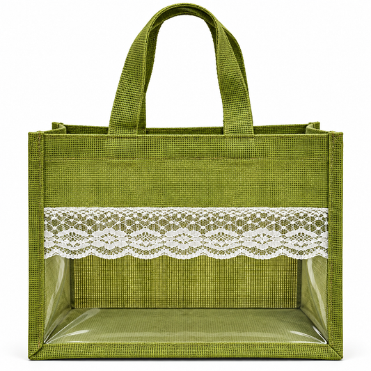 Handmakers Olive Green Jute Tote Bag with Transparent Window & Lace | Eco-Friendly Gift & Shopping Bag