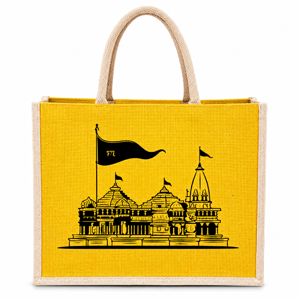 Handmakers 12x12x5 Inch Yellow White Jute Bag with Ram Mandir Print