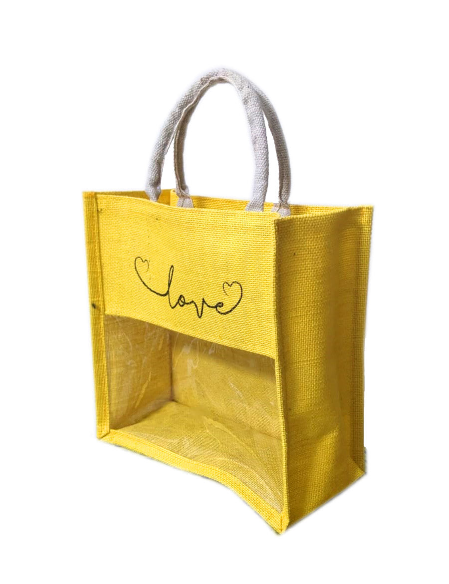 handmakers transparent jute bag with yellow color 13"X12"X6", pack of 10
