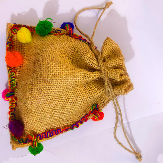 Multicolor jute potli for return gift, wedding gift bag