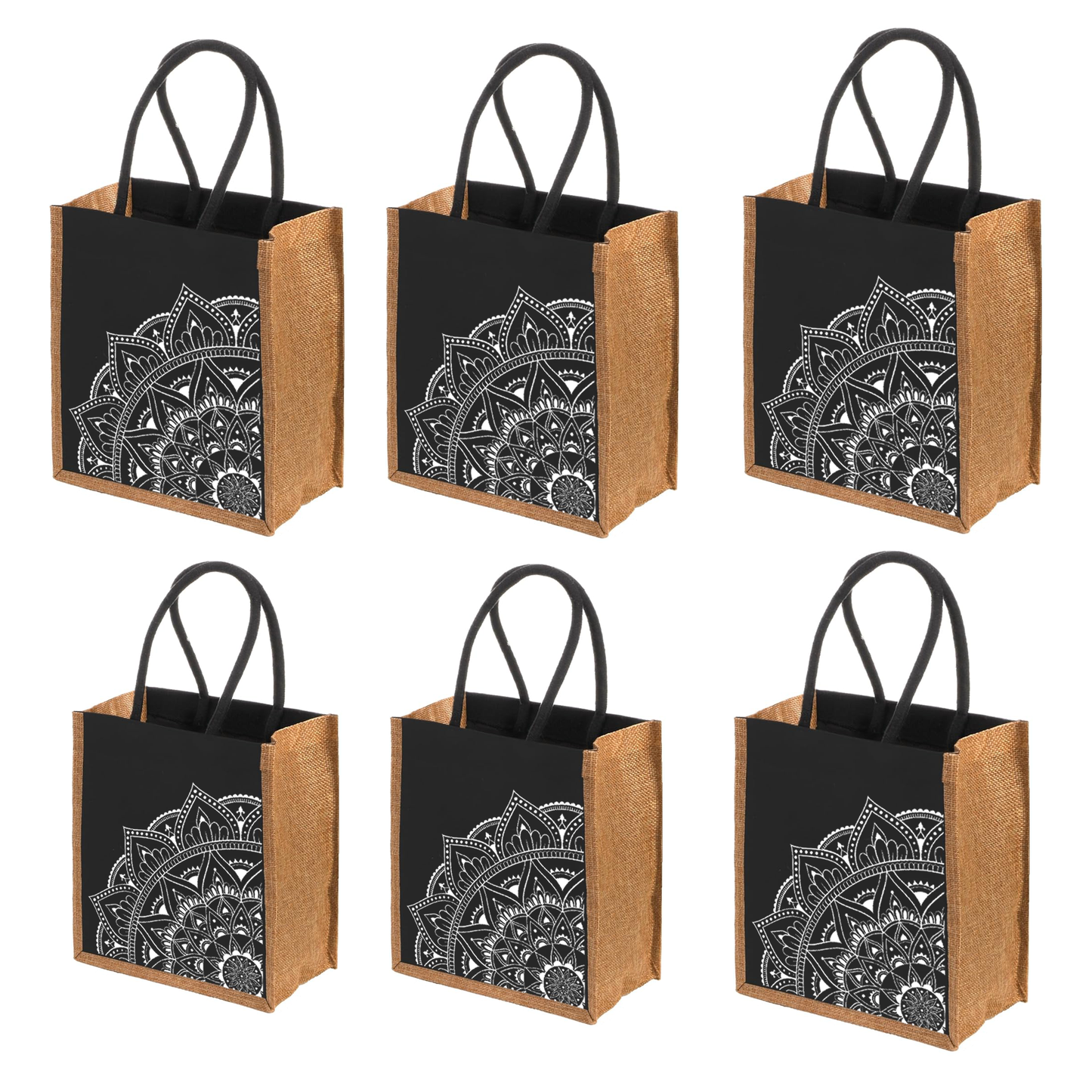 Handmakers Mandala Art Print Resuable Shopping Jute Bags Pack of 6, Jute bags for Return Gifts