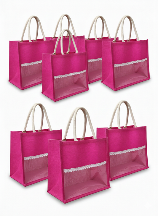 Handmakers Natural Transparent PInk Jute Gift Bags for Return Gifts Pack of 50, (12x10x5 ) inch