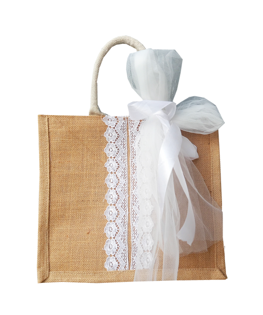 Handmakers Wedding Gift Jute Bags for Return Gifts with Bow and Lace Design Pack of 10
