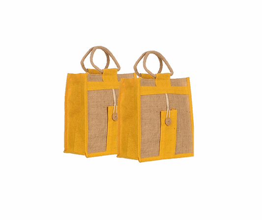 Natural Jute Cloth Handbag With Yellow and Beige ( Set of 2)