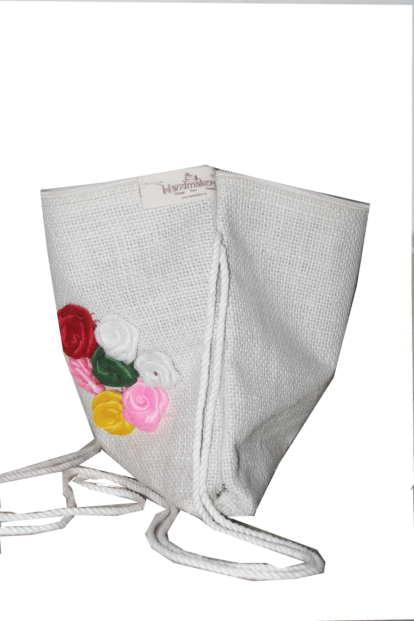 Natural Pure White Jute Bag With Flower Design