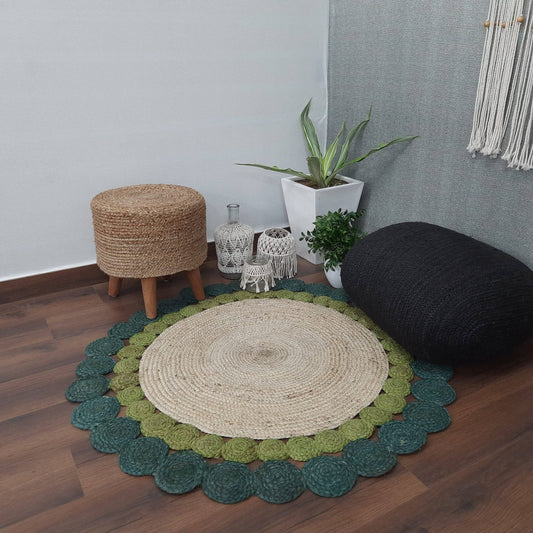 Natural Golden Jute Rug with green border