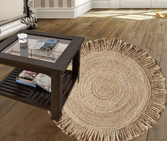 Close-up view of a handwoven jute rug with beige cutting wire