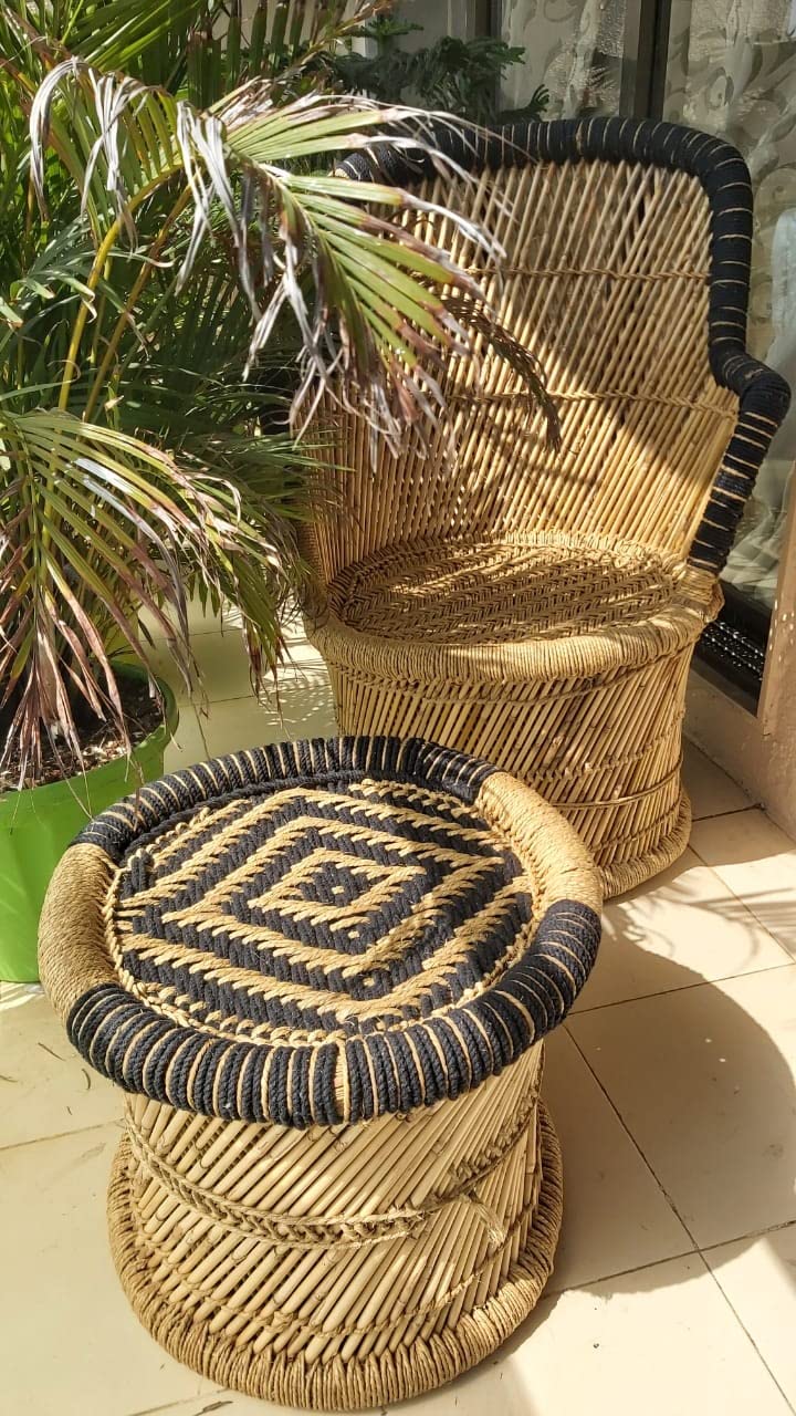 Handmakers Natural Bamboo mudda chair  for Balcony, Garden