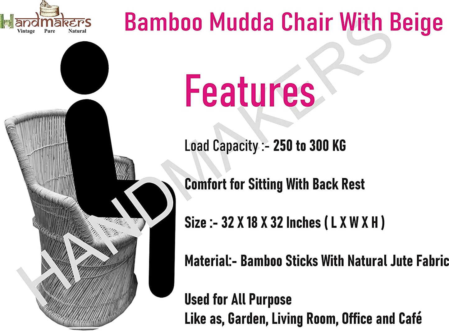 Handmakers Natural Bamboo mudda chair  for Balcony, Garden
