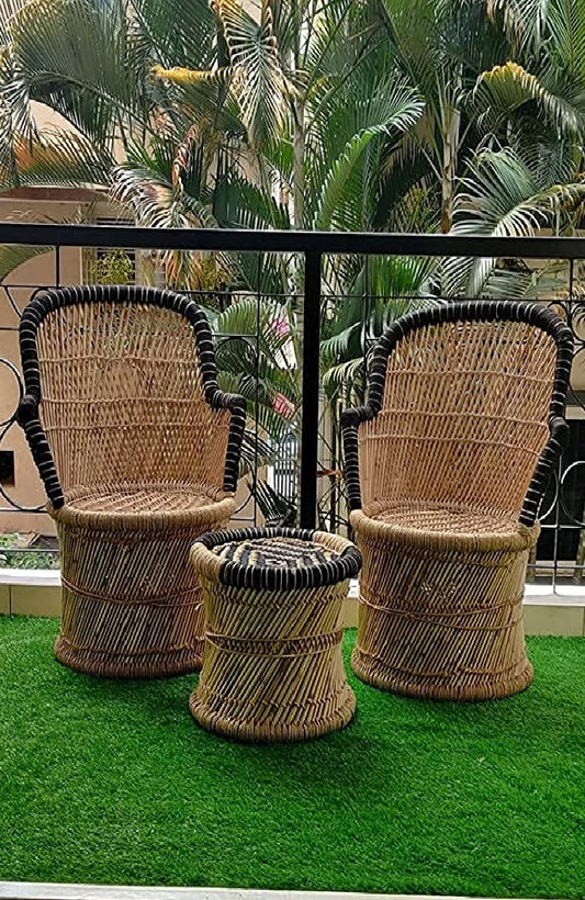 Bamboo Mudda Weaving Chair With Beige & Black Wave Design (2 chair + stool)