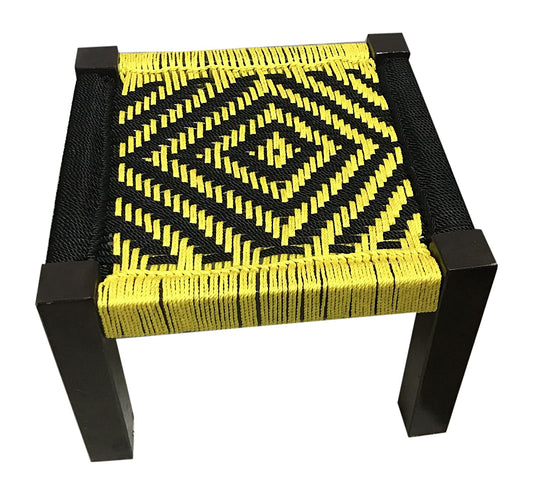 Wooden stool with yellow and black weaving for garden