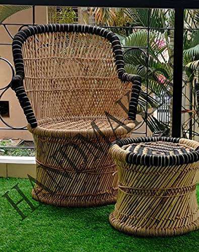 Handmakers ! Black & Beige Bamboo(SARKANDA) Chair With Stool