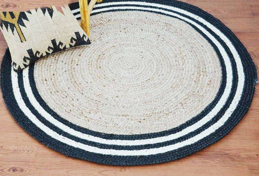 Jute Rugs Design With Beige and Balck Trips Strips - 90 CM