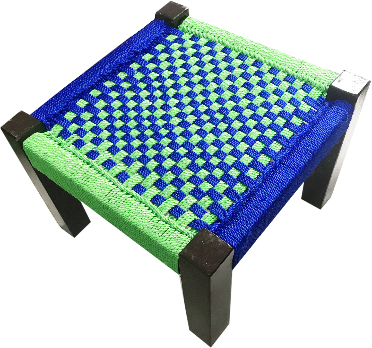 Wooden Weaving Chowki With Green & Blue Chess Board Pattern for balcony furniture
