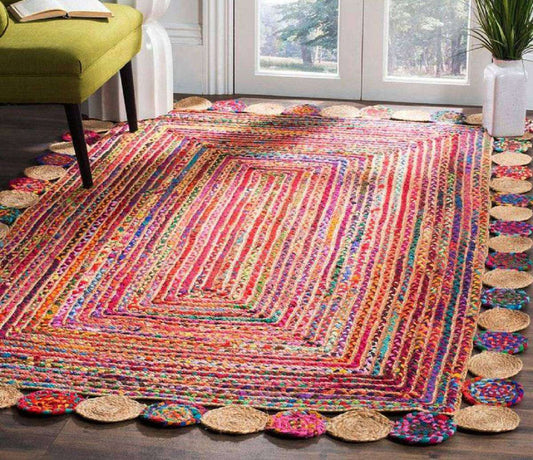 Jute & Cotton Carpet With Multicolor Outer Circle