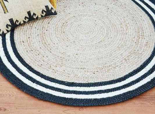 Jute Rugs Design With Beige and Balck Trips Strips - 90 CM