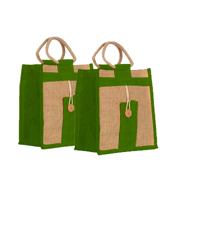 Natural Jute Cloth Handbag With Green and Beige ( Set of 2)
