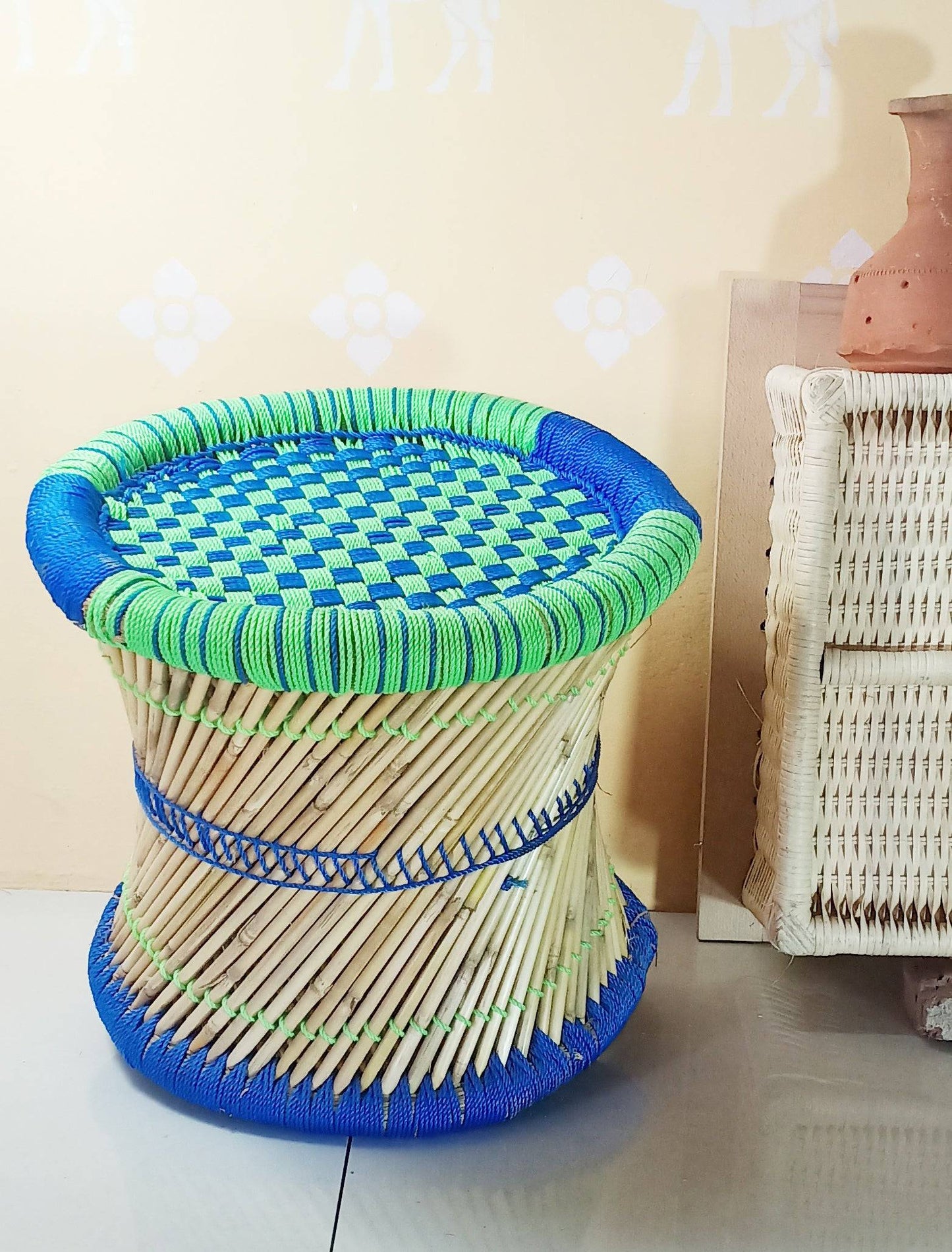 Bamboo stool with Blue Green color