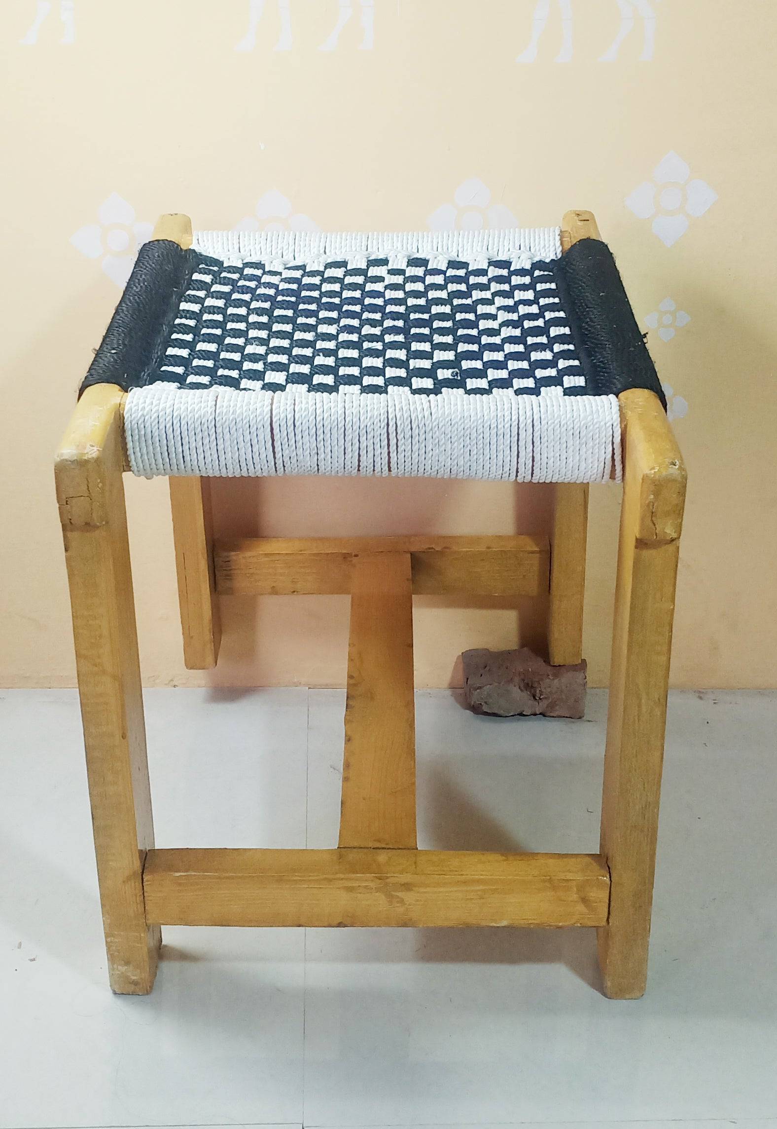 Wooden Weaving Black & Beige Chowki