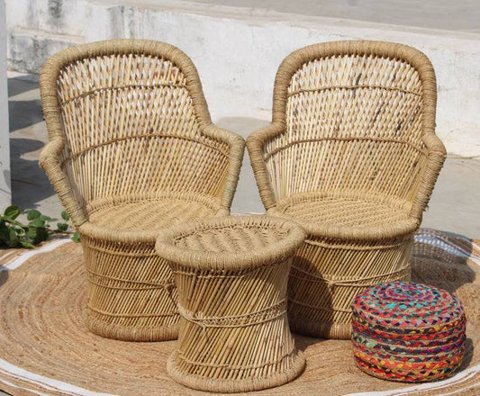 Handmakers ! Bamboo Weaving Mudda Chair Set with 2 Chair and 1 Stool