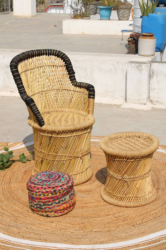 Natural Bamboo (sarkanda) Weaving Beige & Black Combination Mudda Chair