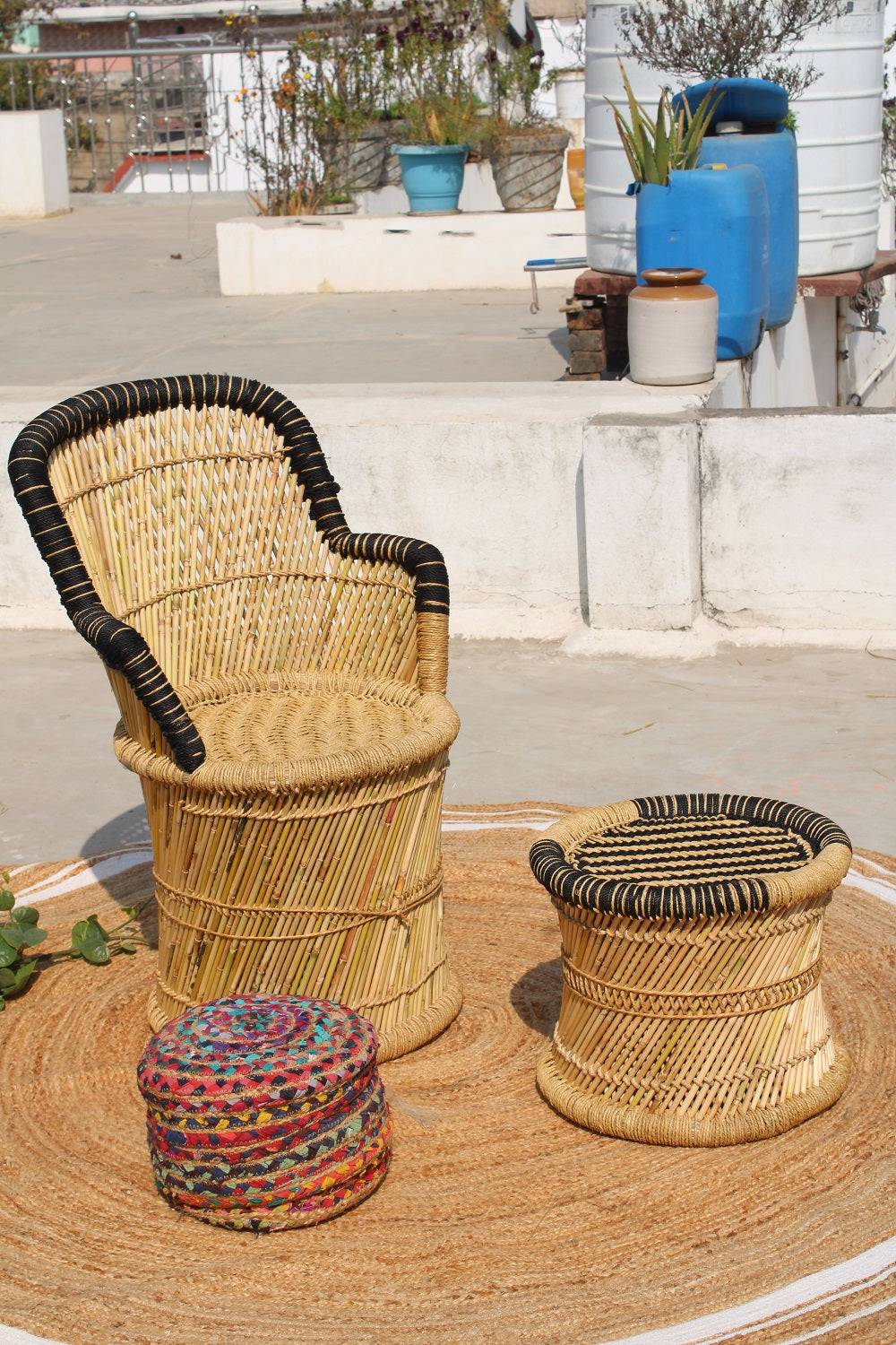 Black Bamboo Weaaving Chair with Wave Design Mudda Stool