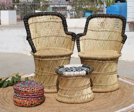 Black Bamboo Chair With Flower Design White & Black Bamboo Mudda Stool ( Set of 2 + 1)