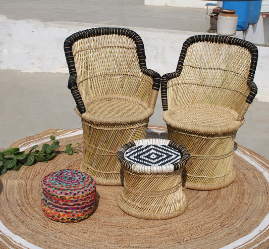 Black Bamboo Chair With Flower Design White & Black Bamboo Mudda Stool ( Set of 2 + 1)