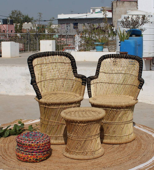 Black Bamboo Chair With Beige Bamboo Mudda Stool ( Set of 2 + 1)