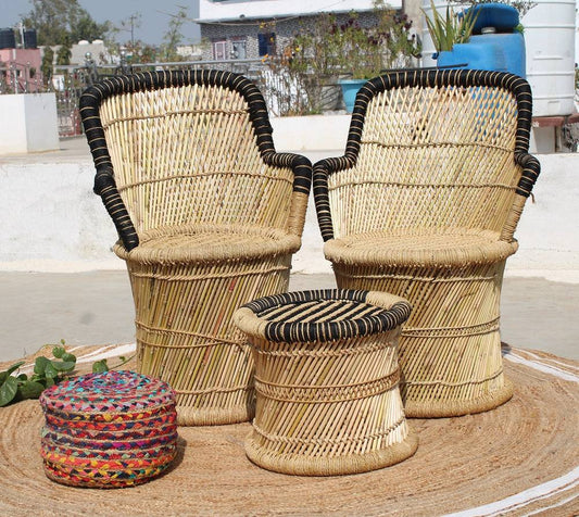 Black Bamboo Chair With Wave Design Black Bamboo Mudda Stool ( Set of 2 + 1)