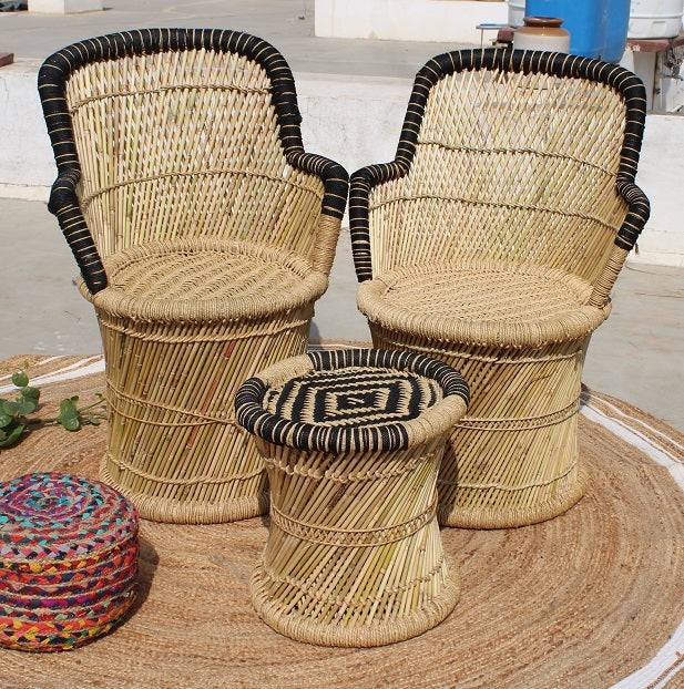 	 Bamboo Mudda Weaving Chair With Beige & Black Wave Design (2 chair + stool)