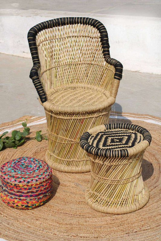 Handmakers ! Black & Beige Bamboo(SARKANDA) Chair With Stool