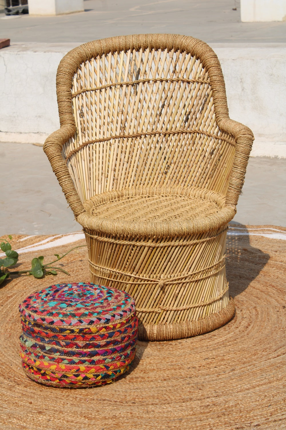 Bamboo Mudda Weaving Chair Set With Beige & White Combination Wave Design