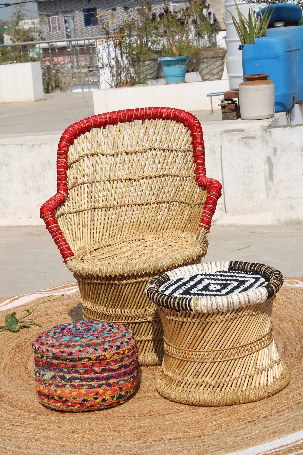 	 Red Bamboo Chair With Flower Design White & Black Bamboo Mudda Stool