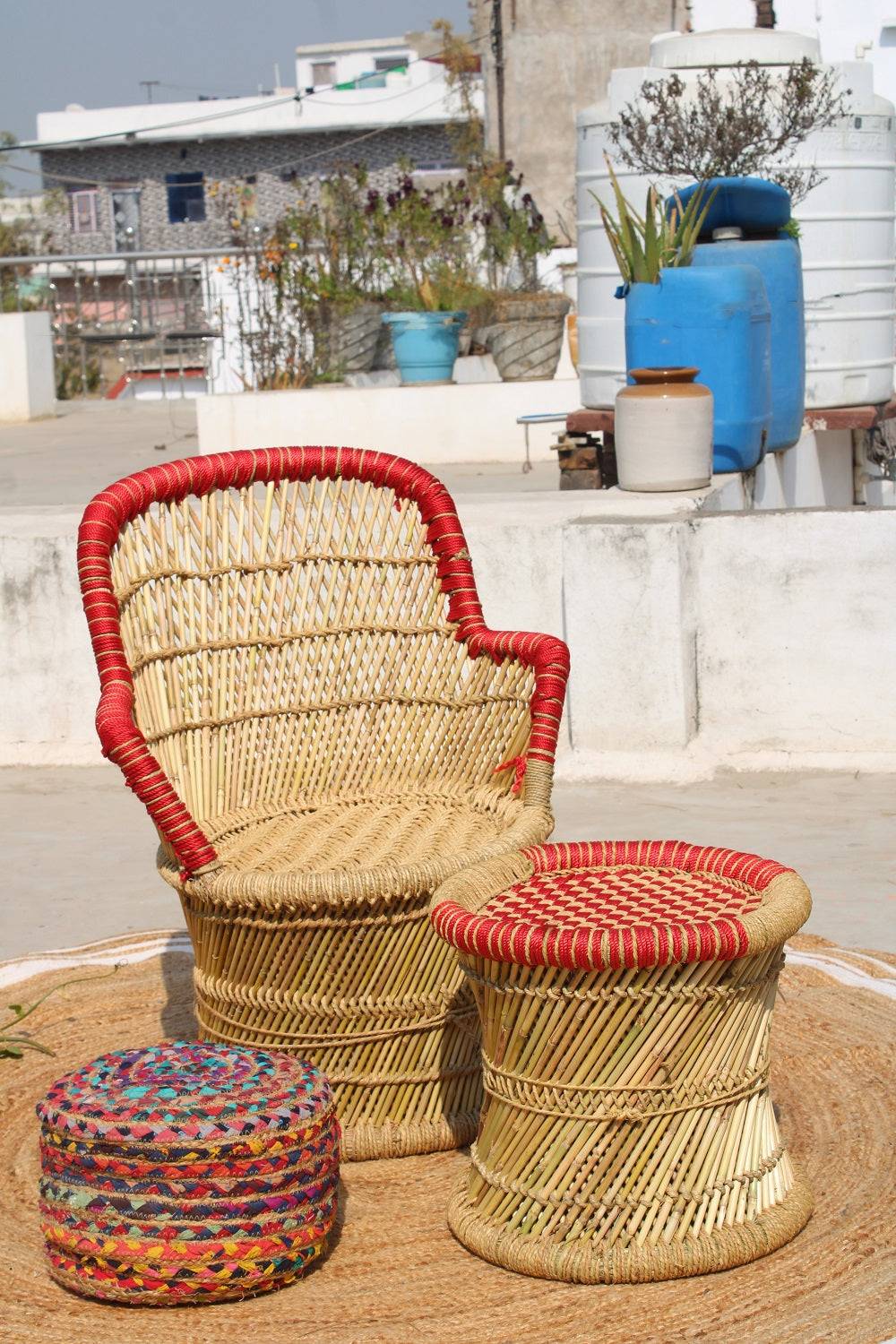 Natural Bamboo ( Sarkanda ) Mudda Chair With Stool ( Set of 1 )