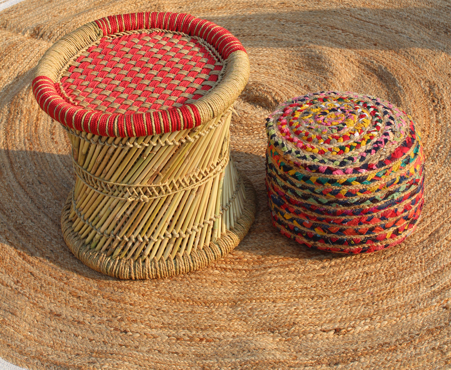 Natural Bamboo ( Sarkanda ) Mudda Chair With Stool ( Set of 1 )