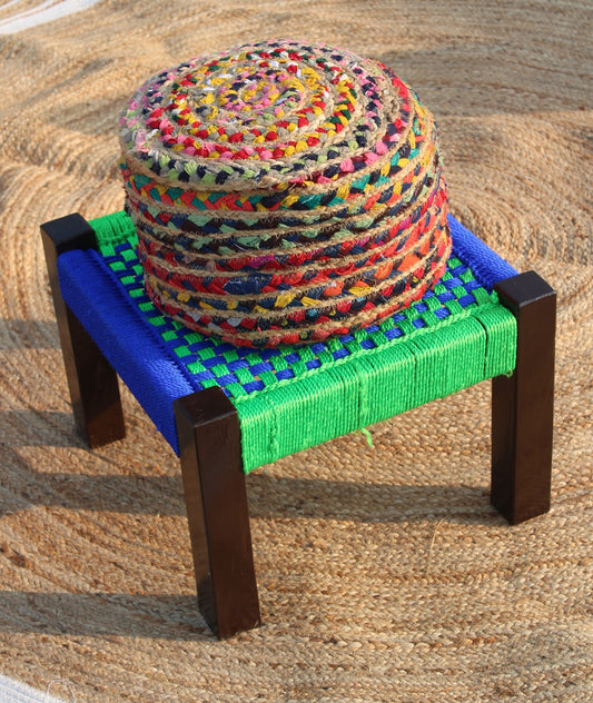 Wooden Weaving Chowki With Green & Blue Chess Board Pattern for balcony furniture