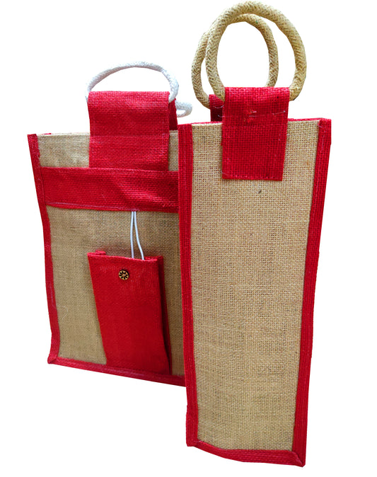 Natural pure Jute Handbags and bottle bags With Red Color