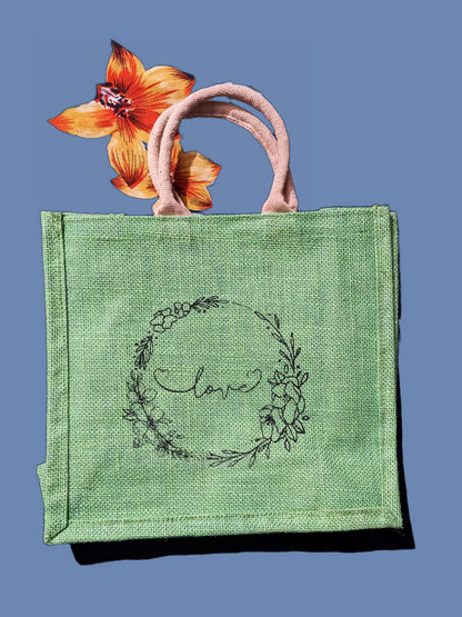 Handmakers Pack of 10 Multicolored Transparent Jute Bag with Love Printed ,Large Size Jute Gift bag for return gift 13x12x6 inch
