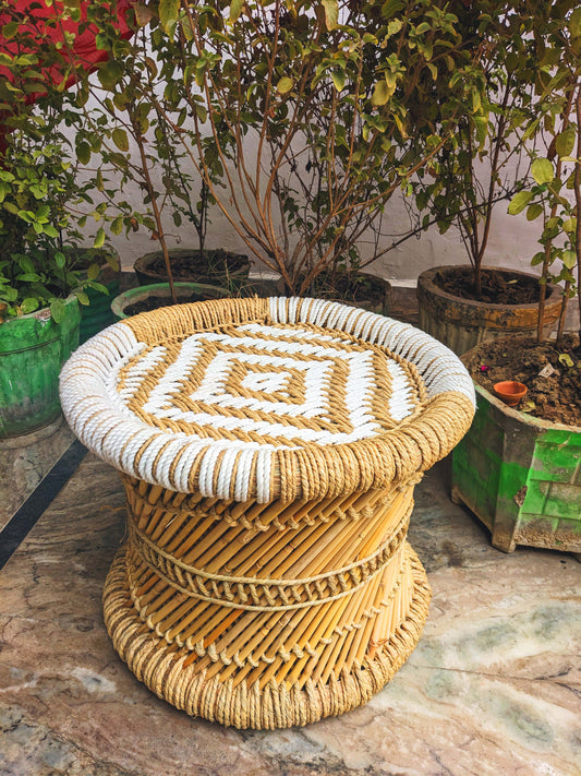 Handmakers White & Beige Mudda Stool With Flower Design