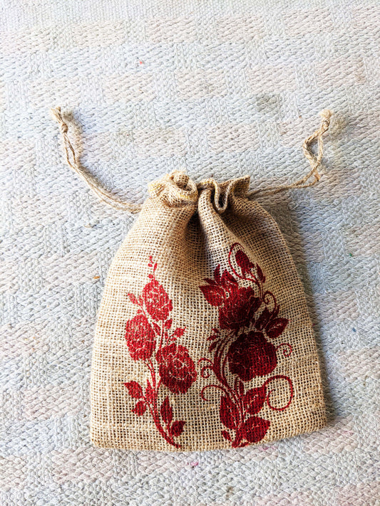 Deshkari Natural Jute Gift Potli Pouch with Red Flower Print with Your Customize Print