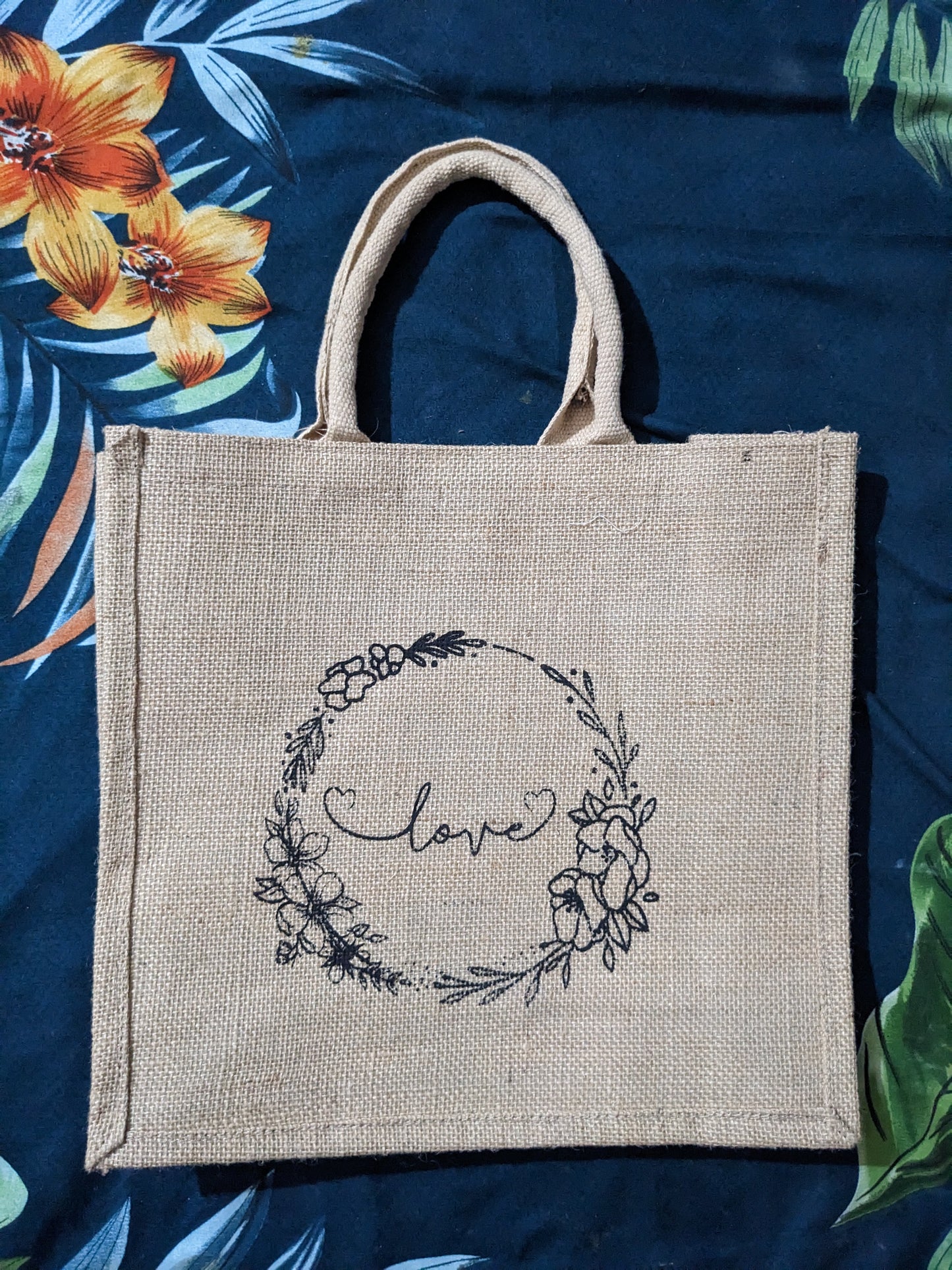 Handmakers Pack of 10 Multicolored Transparent Jute Bag with Love Printed ,Large Size Jute Gift bag for return gift 13x12x6 inch