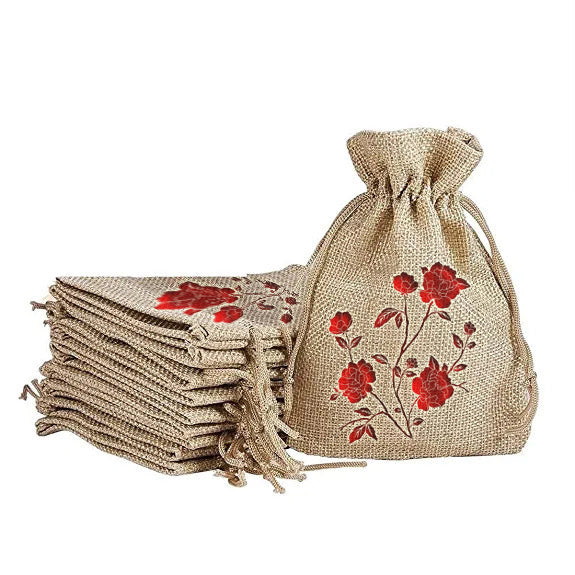Deshkari Eco Jute Drawstring Gift Bags with Flower Print Jute Linen  Pouches| Burlap Gift Bags For Festivals, Functions, Baby Showers, Parties 
